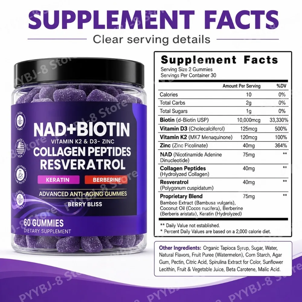 NAD+ Resveratrol Biotin Gummies, Collagen Keratin Zinc D3 K2 Blend, Berry Flavor for Hair Skin Beauty Wellness Support, 60 Count