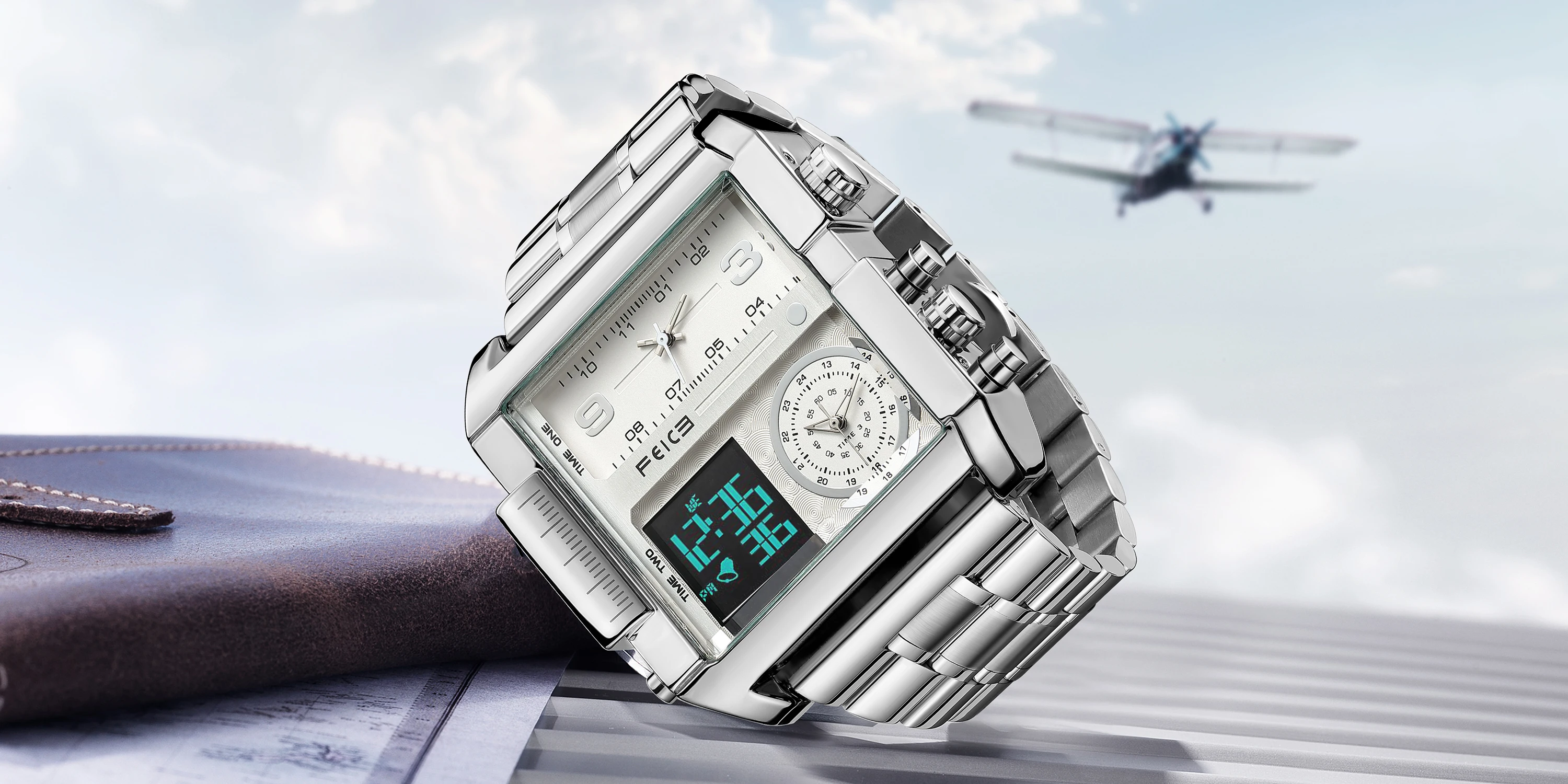 FEICE Men's Watch Large Dial Waterproof Wristwatch Business Quartz Square Multifunction Stainless Steel Strap Waterproof FK030