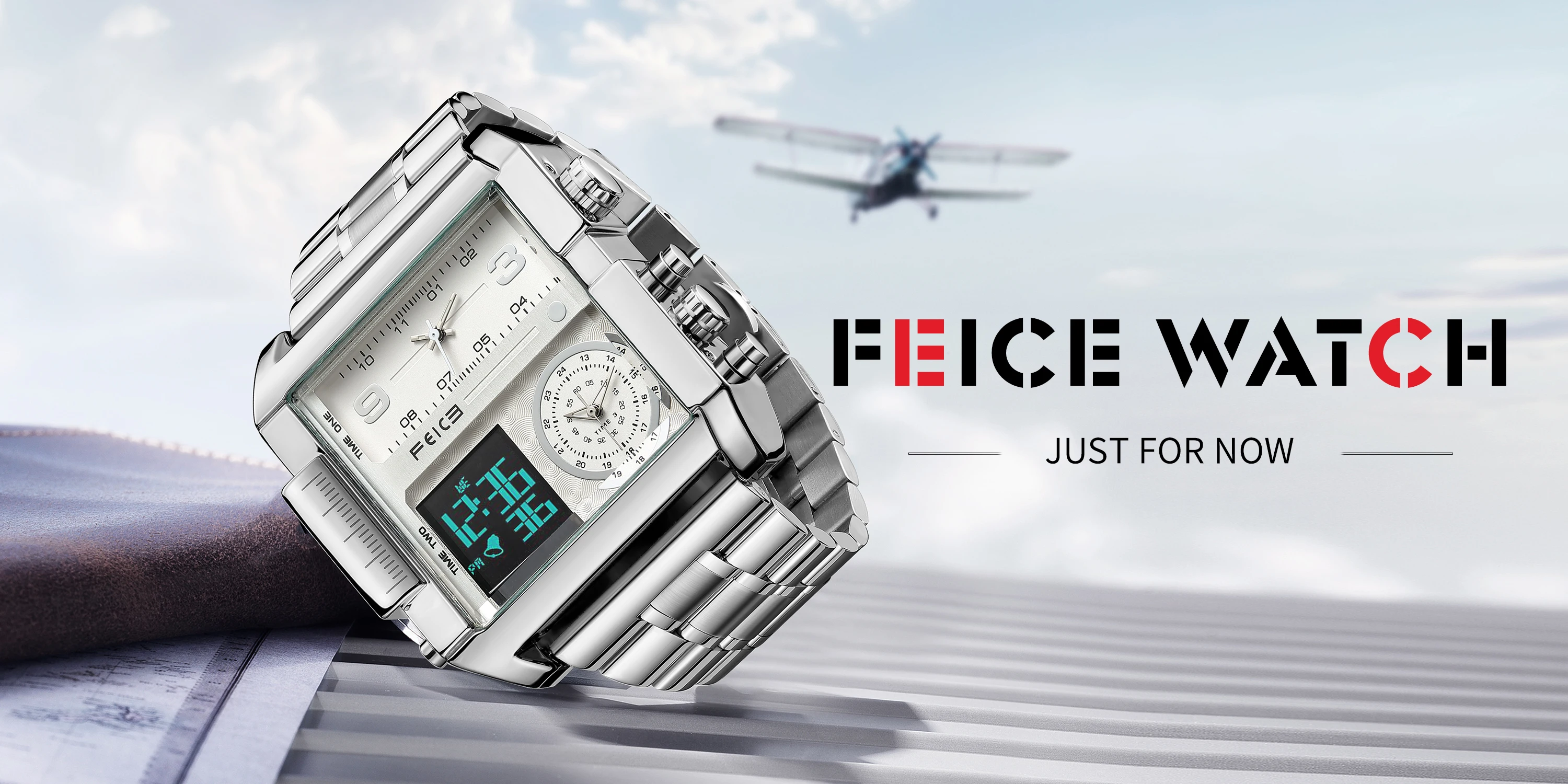 FEICE Men's Watch Large Dial Waterproof Wristwatch Business Quartz Square Multifunction Stainless Steel Strap Waterproof FK030