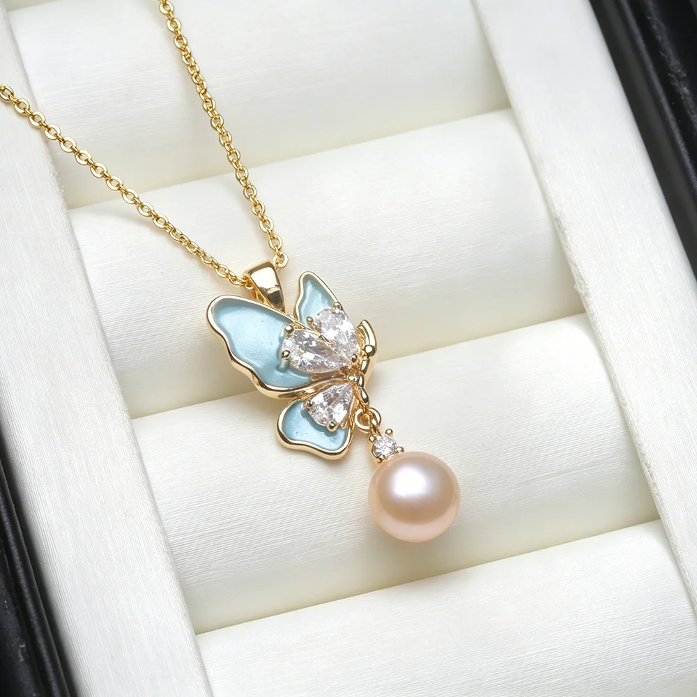 Blue Real Natural Freshwater Pearl Pendant Woman,White Cultured 925 Silver Pearl Pendant Wife Mother Engagement Gift Pink Black