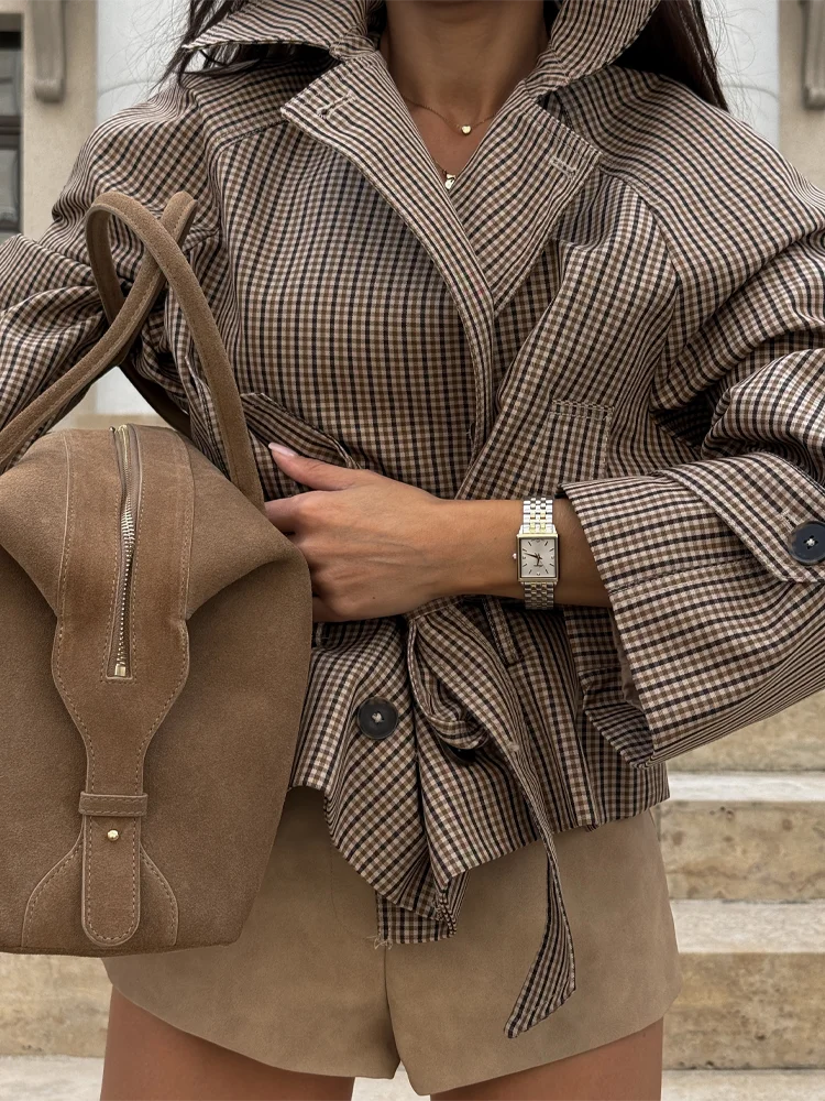 Plaid Windbreaker Grid Jacket Lapel Collar Double Breasted Trench Woman Coat Waist Tie Belt Long Sleeve Short Top Casual Clothes