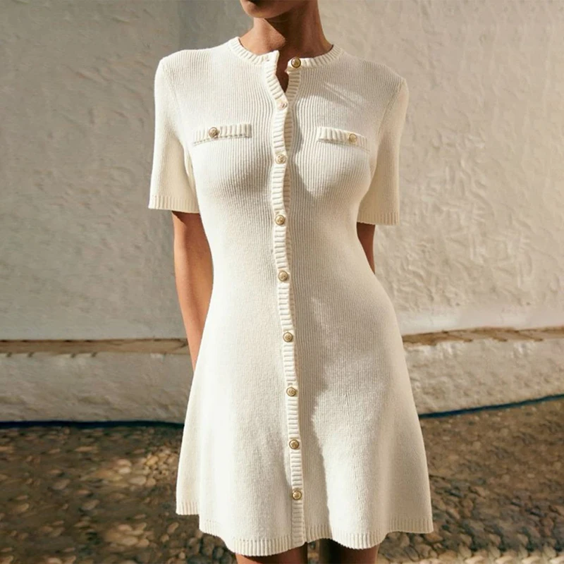 White Elegant Knitted Mini Dress For Women Metal Button Sexy Slim Rib Sweater Dress Holiday Party Outfits Autumn 2024 New