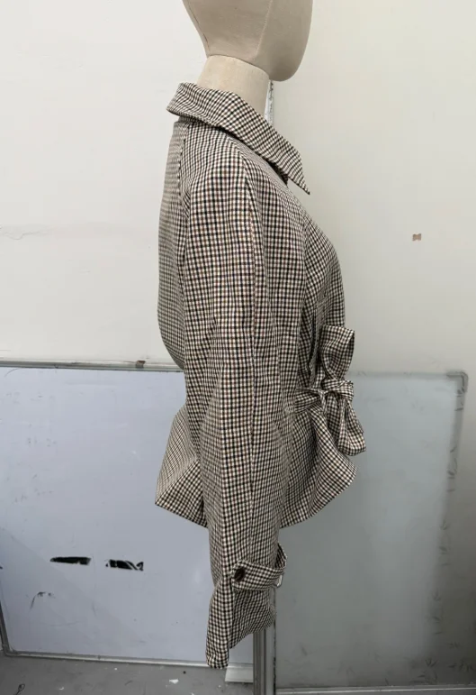 Vintage Plaid Women's Cropped Trench Coat Autumn Lapel Tie Waist Full Sleeve Windbreaker New Chic Casual Elegant Jacket 2026