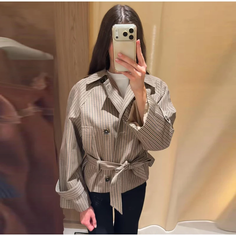 Vintage Plaid Women's Cropped Trench Coat Autumn Lapel Tie Waist Full Sleeve Windbreaker New Chic Casual Elegant Jacket 2026