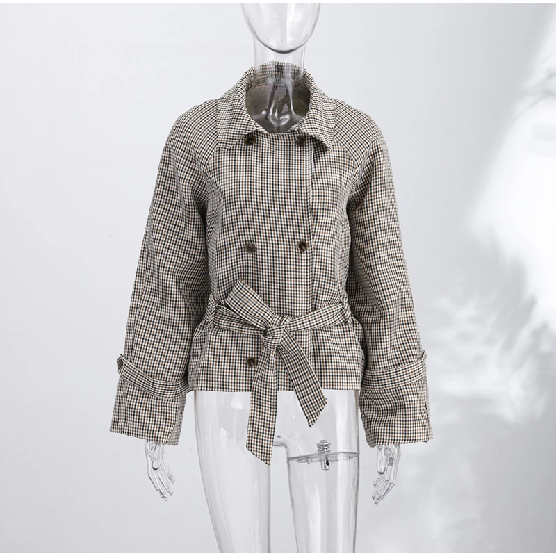 Vintage Plaid Women's Cropped Trench Coat Autumn Lapel Tie Waist Full Sleeve Windbreaker New Chic Casual Elegant Jacket 2026