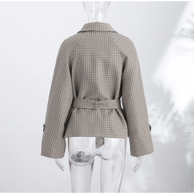 Vintage Plaid Women's Cropped Trench Coat Autumn Lapel Tie Waist Full Sleeve Windbreaker New Chic Casual Elegant Jacket 2026