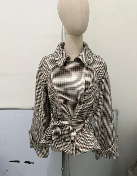 Vintage Plaid Women's Cropped Trench Coat Autumn Lapel Tie Waist Full Sleeve Windbreaker New Chic Casual Elegant Jacket 2026