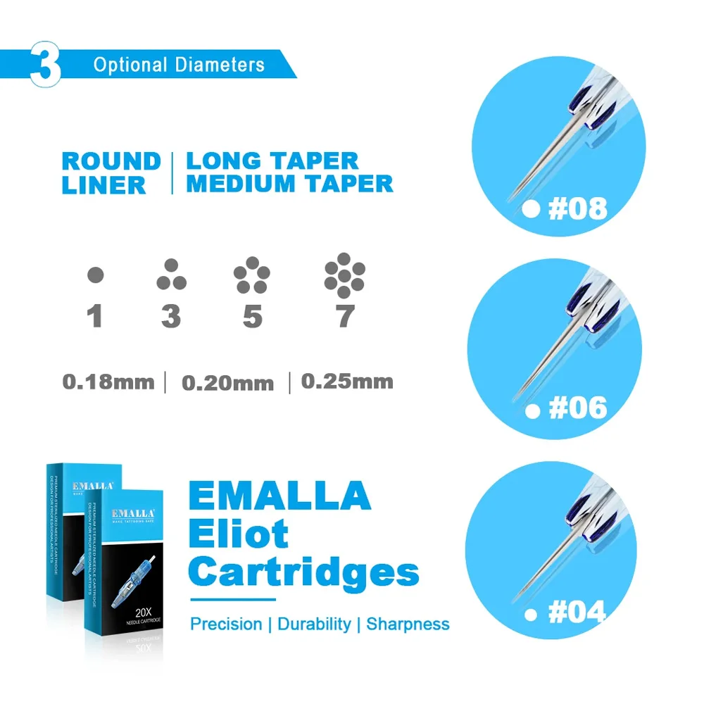 10/20PCS EMALLA Eliot Tattoo Cartridge Needles RL RS CM MG Disposable Sterilized EMALLA Official Genuine Cartridge Needles