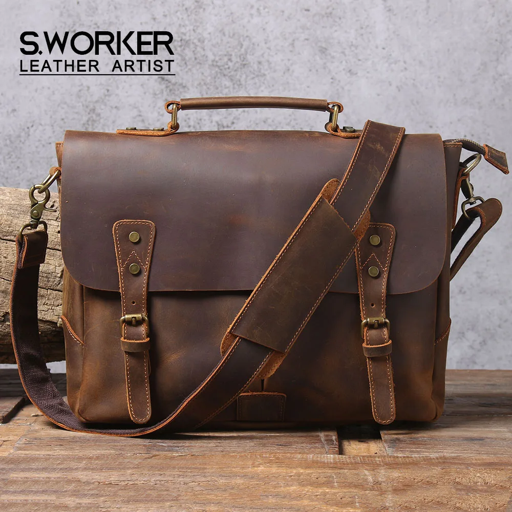 S.WORKER Vintage Genuine Leather Men's Briefcase 14” Laptop Messenger Bag Crazy Horse Cowhide Casual Shoulder Bag Handbags