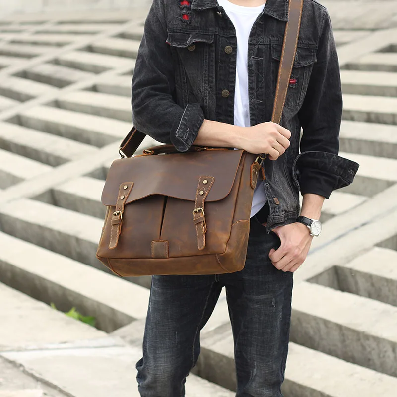 S.WORKER Vintage Genuine Leather Men's Briefcase 14” Laptop Messenger Bag Crazy Horse Cowhide Casual Shoulder Bag Handbags