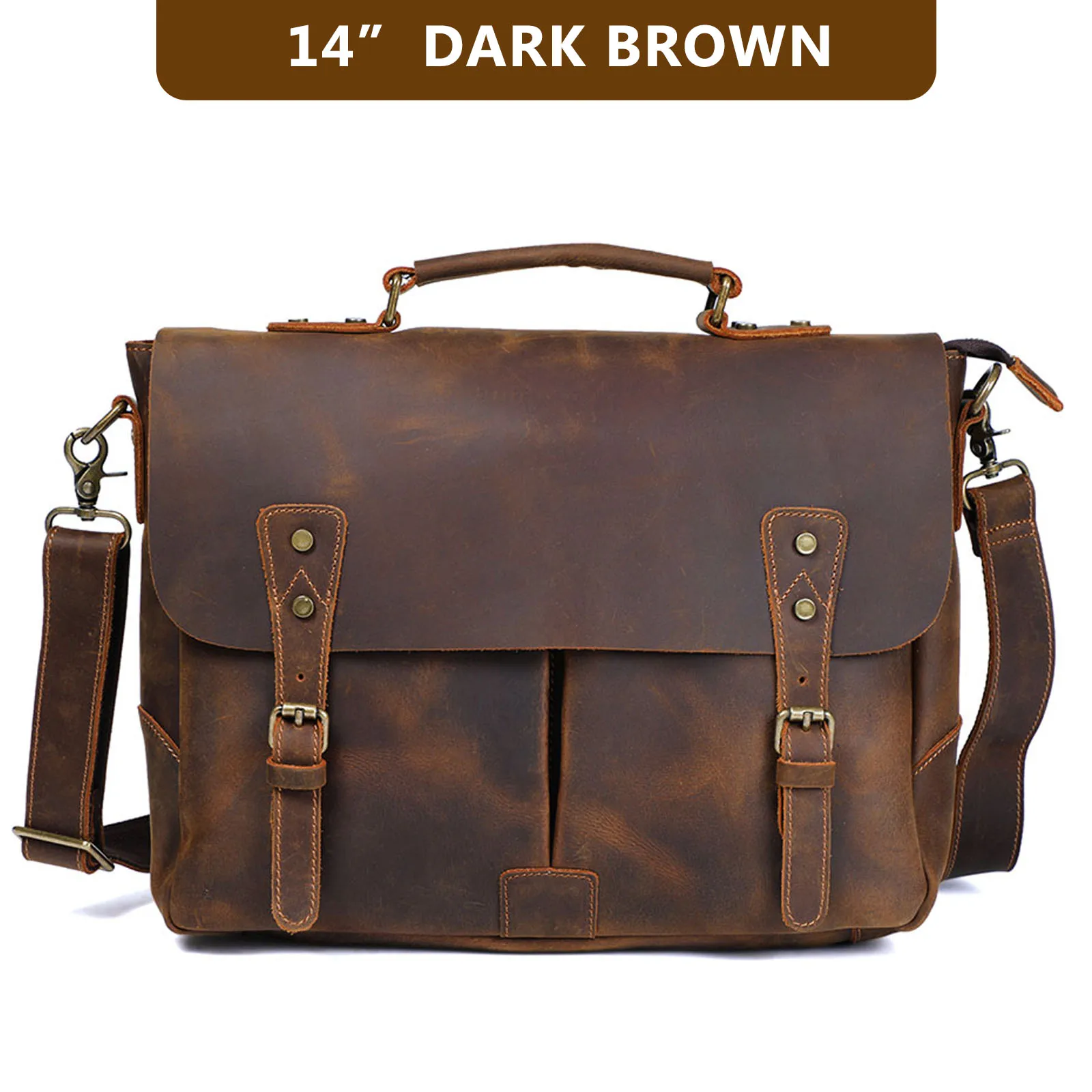 S.WORKER Vintage Genuine Leather Men's Briefcase 14” Laptop Messenger Bag Crazy Horse Cowhide Casual Shoulder Bag Handbags