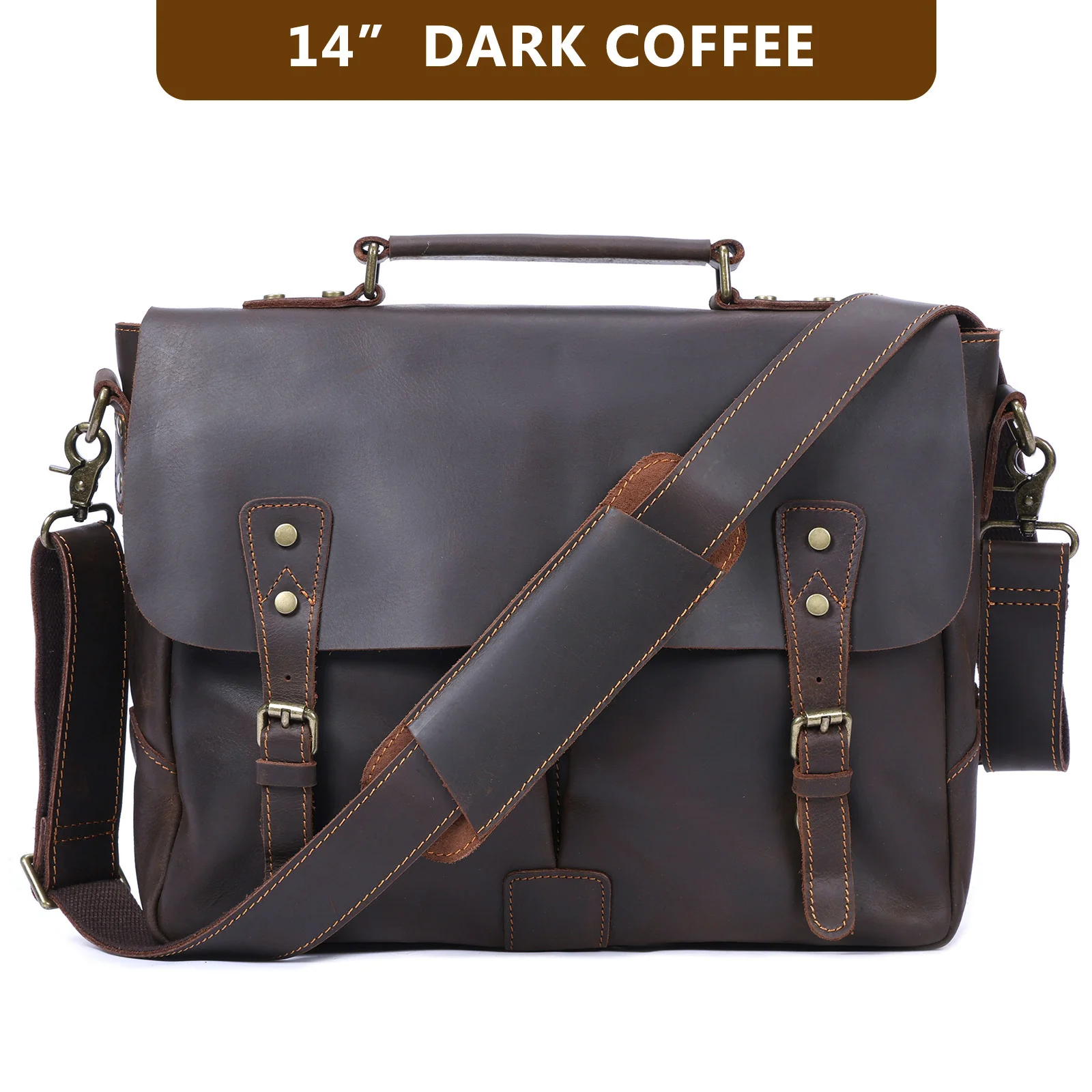 S.WORKER Vintage Genuine Leather Men's Briefcase 14” Laptop Messenger Bag Crazy Horse Cowhide Casual Shoulder Bag Handbags