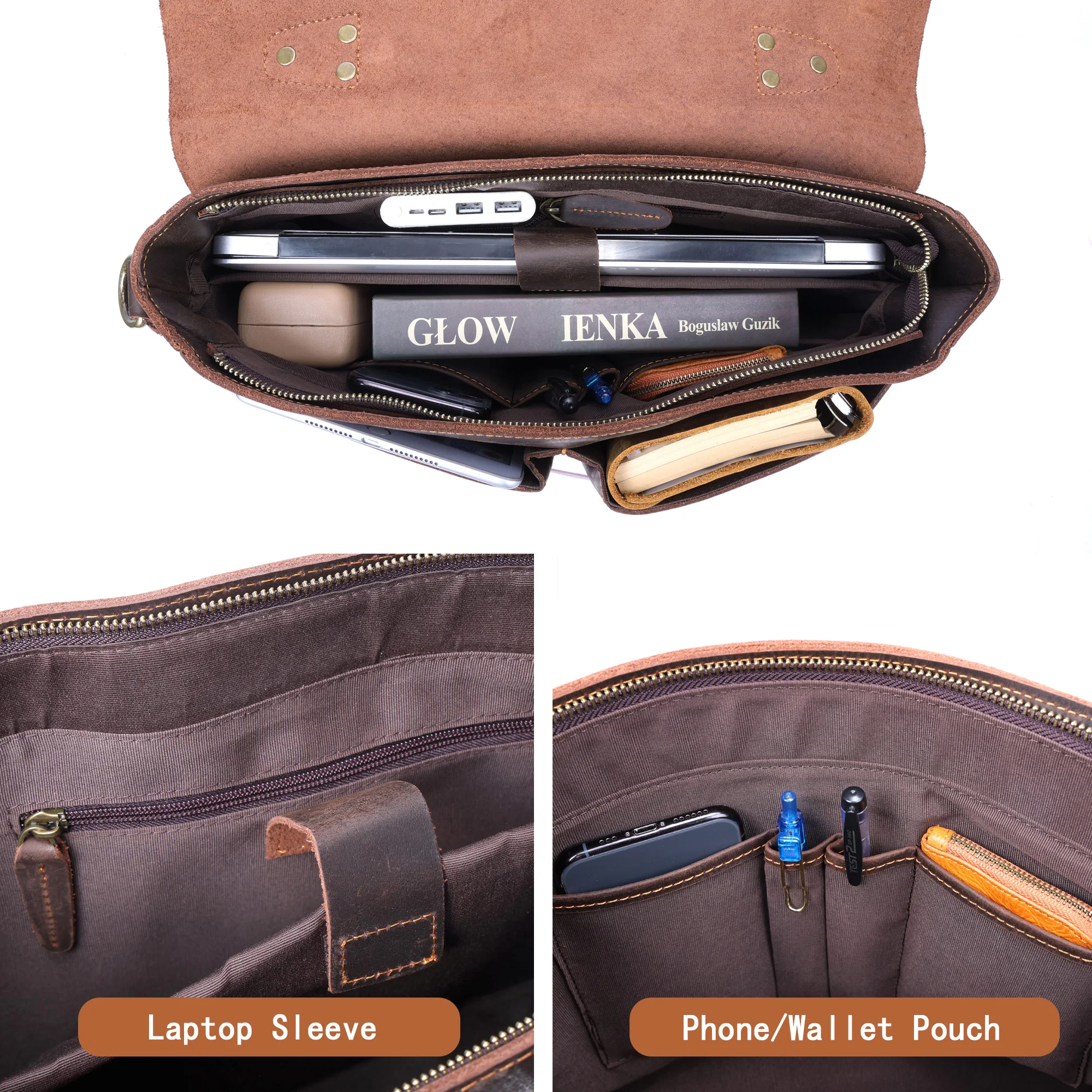 S.WORKER Vintage Genuine Leather Men's Briefcase 14” Laptop Messenger Bag Crazy Horse Cowhide Casual Shoulder Bag Handbags