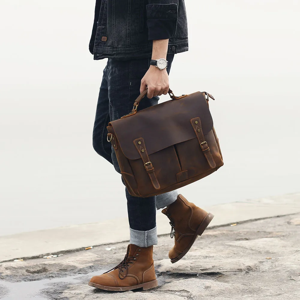 S.WORKER Vintage Genuine Leather Men's Briefcase 14” Laptop Messenger Bag Crazy Horse Cowhide Casual Shoulder Bag Handbags