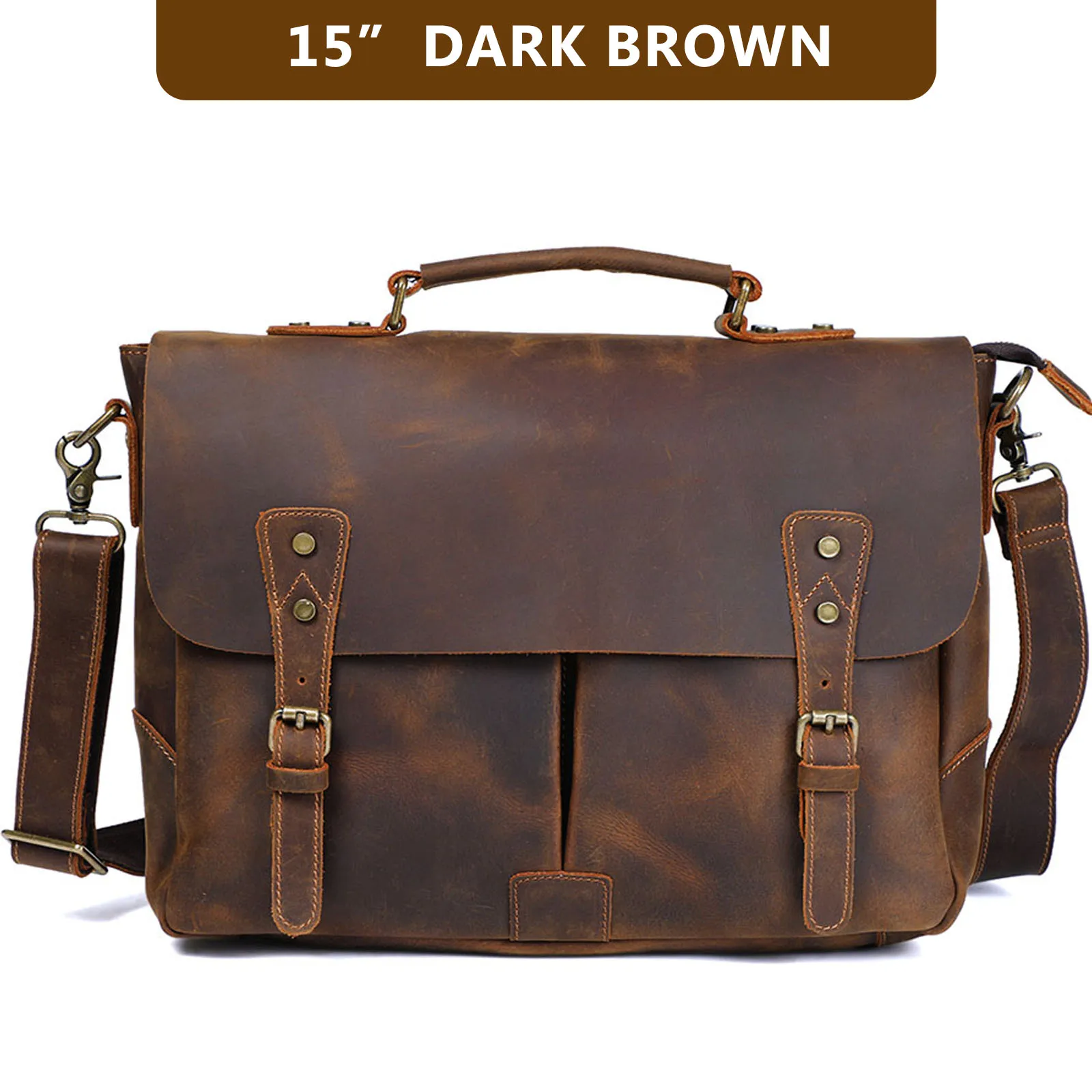 S.WORKER Vintage Genuine Leather Men's Briefcase 14” Laptop Messenger Bag Crazy Horse Cowhide Casual Shoulder Bag Handbags