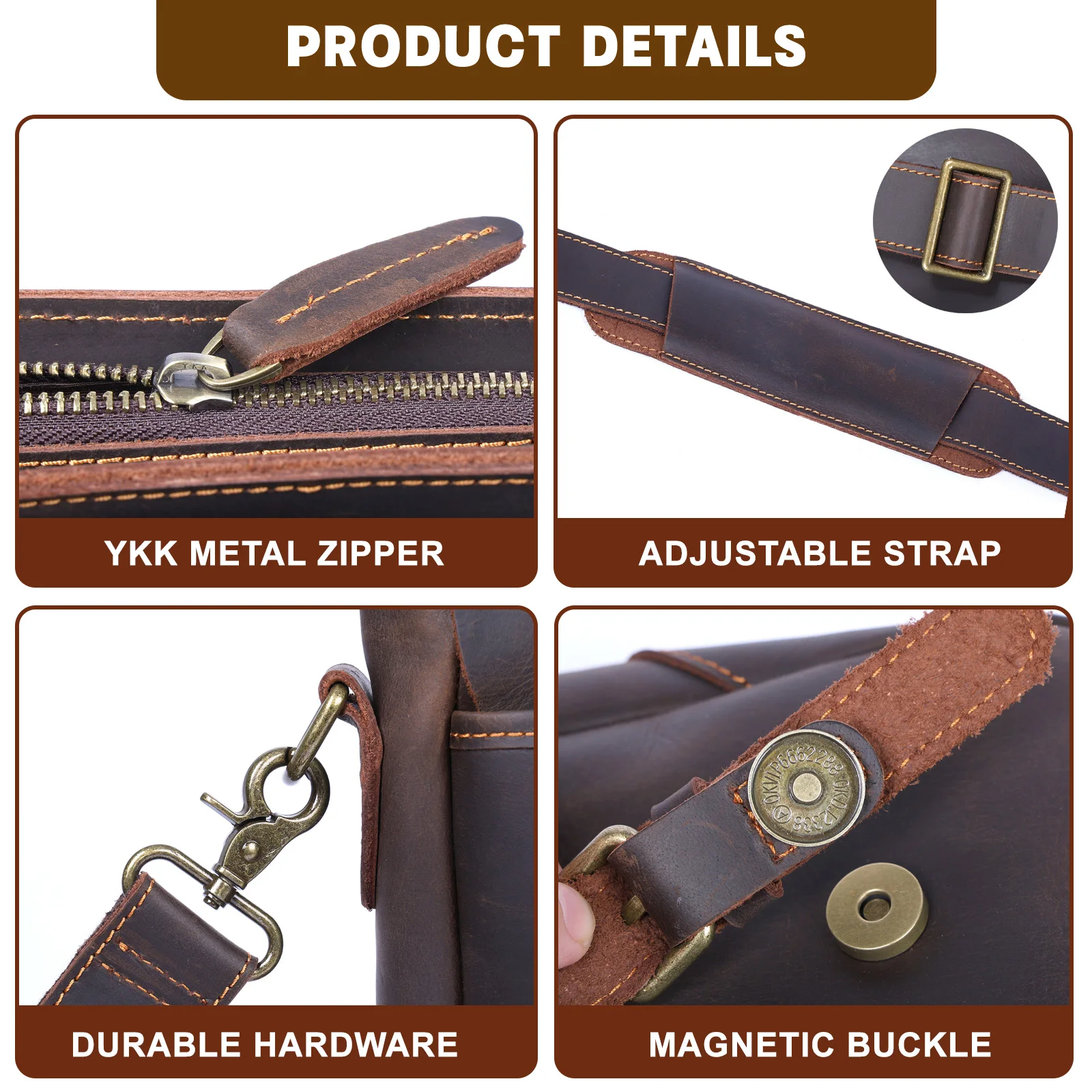 S.WORKER Vintage Genuine Leather Men's Briefcase 14” Laptop Messenger Bag Crazy Horse Cowhide Casual Shoulder Bag Handbags