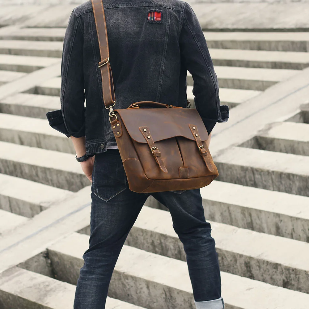 S.WORKER Vintage Genuine Leather Men's Briefcase 14” Laptop Messenger Bag Crazy Horse Cowhide Casual Shoulder Bag Handbags