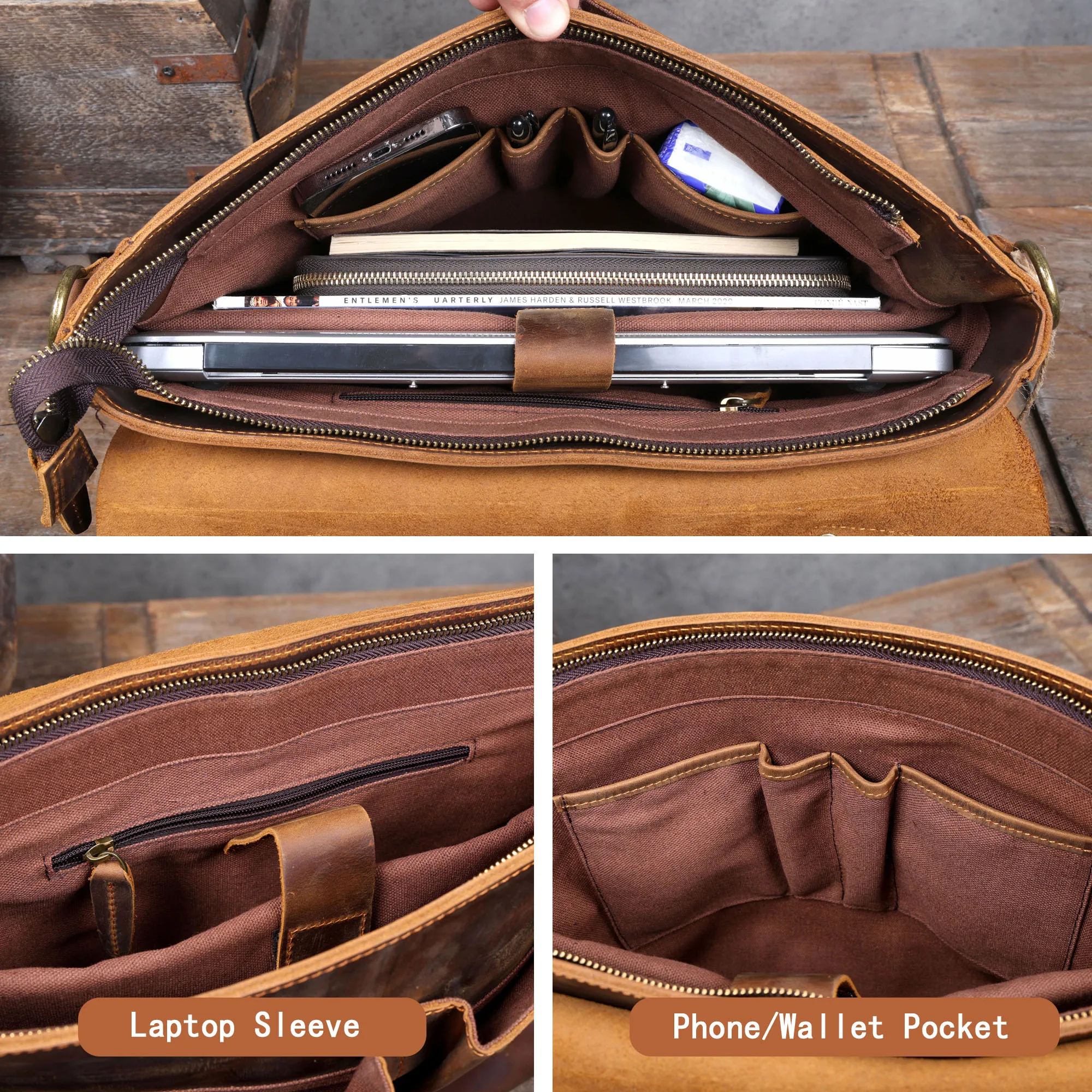 S.WORKER Vintage Genuine Leather Men's Briefcase 14” Laptop Messenger Bag Crazy Horse Cowhide Casual Shoulder Bag Handbags