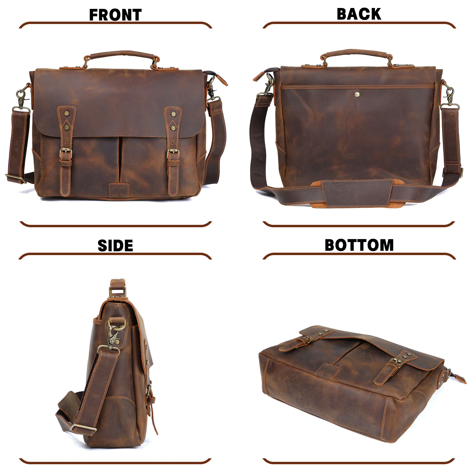 S.WORKER Vintage Genuine Leather Men's Briefcase 14” Laptop Messenger Bag Crazy Horse Cowhide Casual Shoulder Bag Handbags