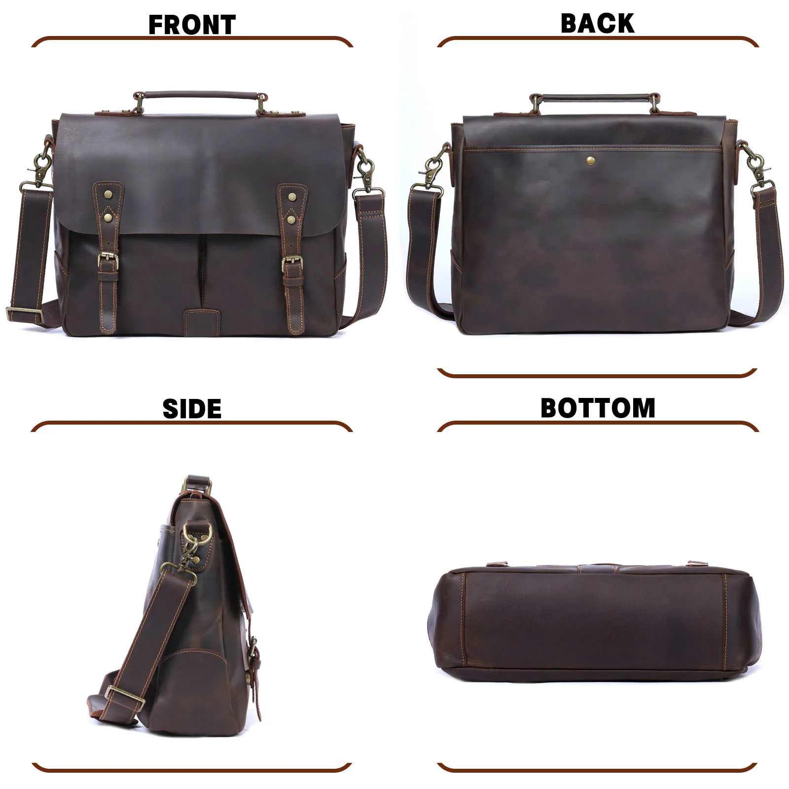 S.WORKER Vintage Genuine Leather Men's Briefcase 14” Laptop Messenger Bag Crazy Horse Cowhide Casual Shoulder Bag Handbags