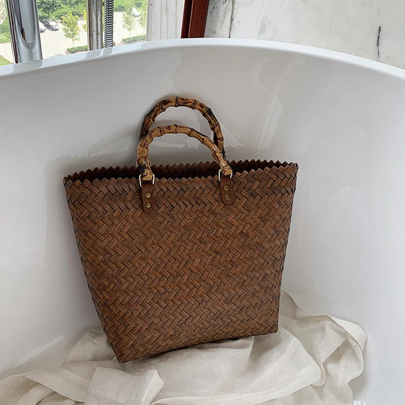 Women Woven Beach Straw Handbag Casual Handmade Hollow Out Rattan Shoulder Bags Youth Ladies Bohemia Summer Travel Beach Totes