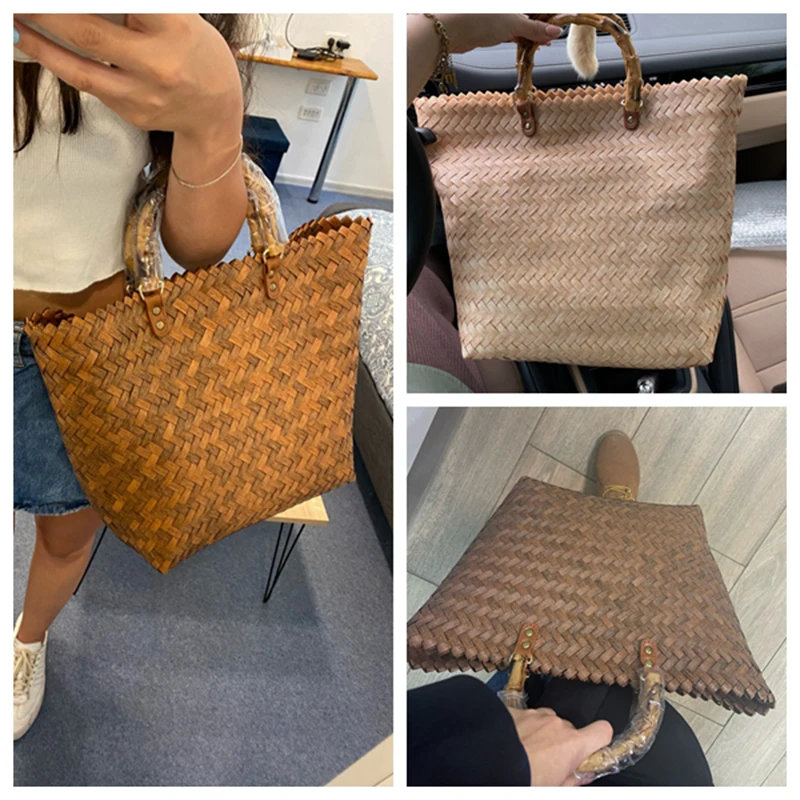 Women Woven Beach Straw Handbag Casual Handmade Hollow Out Rattan Shoulder Bags Youth Ladies Bohemia Summer Travel Beach Totes