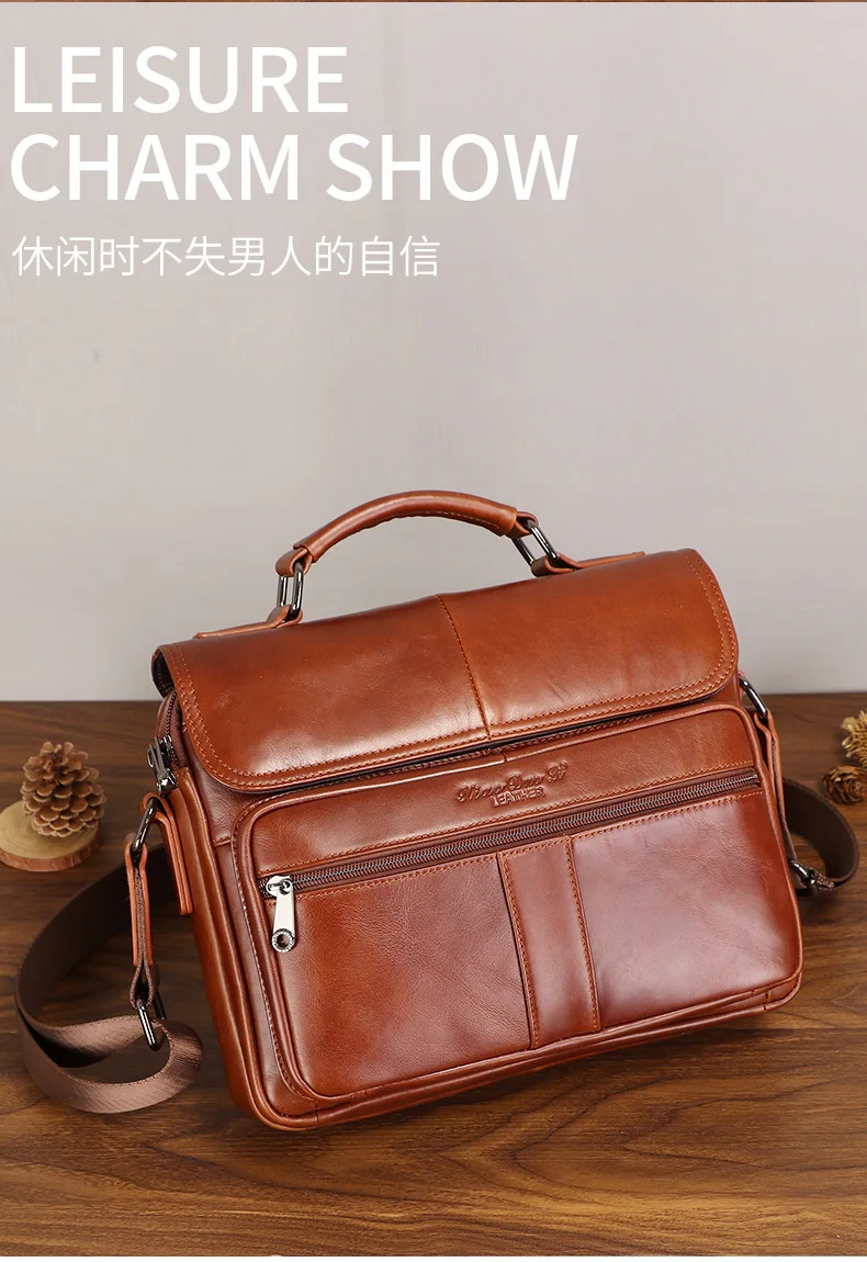 New men's genuine leather briefcase retro style cowhide crossbody bag large-capacity shoulder bag multi-functional handbag