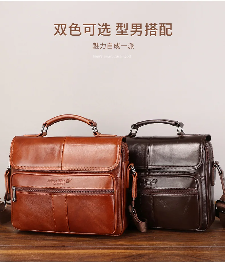 New men's genuine leather briefcase retro style cowhide crossbody bag large-capacity shoulder bag multi-functional handbag