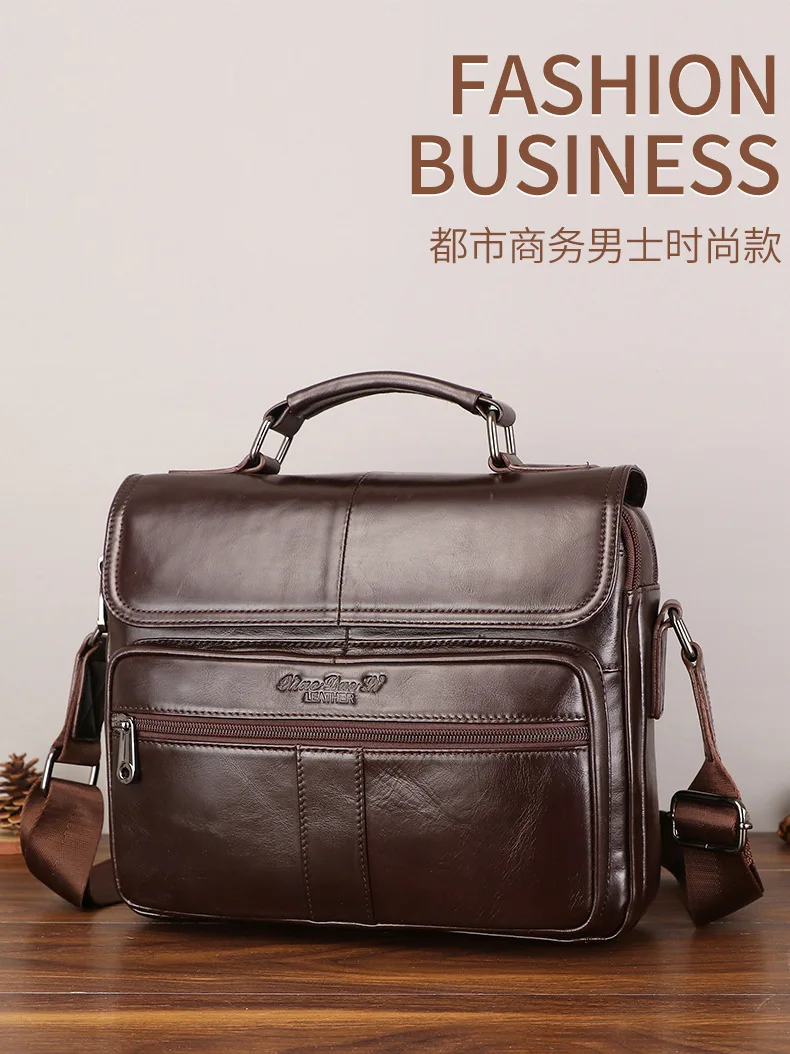 New men's genuine leather briefcase retro style cowhide crossbody bag large-capacity shoulder bag multi-functional handbag