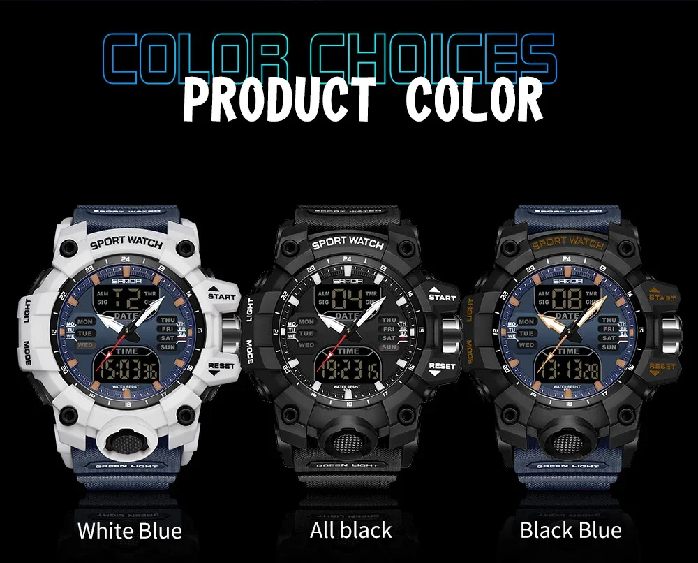 SANDA Luxury G Style Men's Electronic Watch Military Outdoor Sports LED Analog Digital Dual Display 50M Waterproof Chronograph