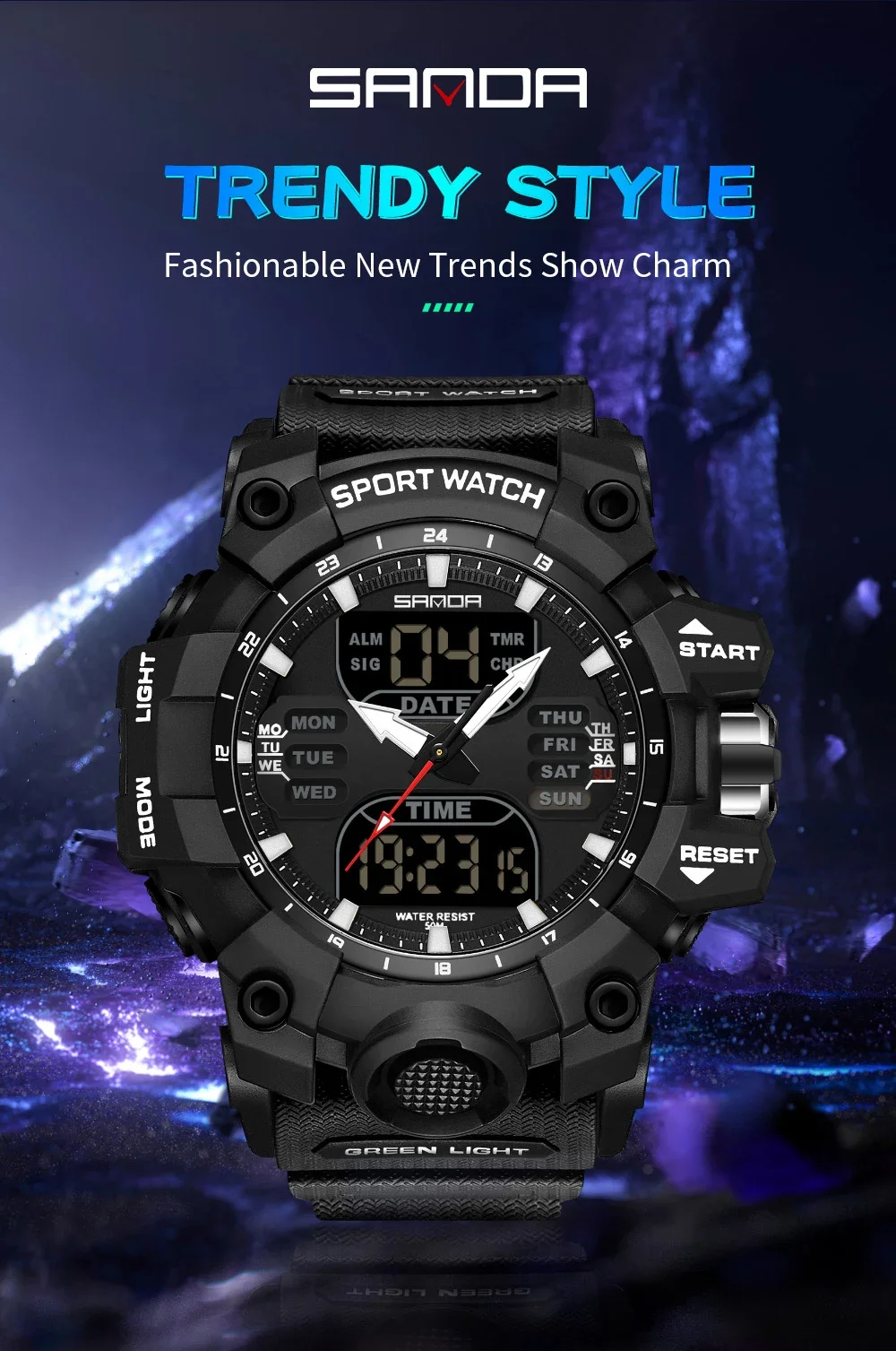 SANDA Luxury G Style Men's Electronic Watch Military Outdoor Sports LED Analog Digital Dual Display 50M Waterproof Chronograph