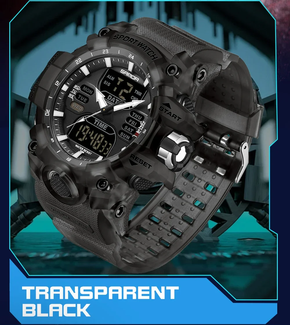 SANDA Luxury G Style Men's Electronic Watch Military Outdoor Sports LED Analog Digital Dual Display 50M Waterproof Chronograph