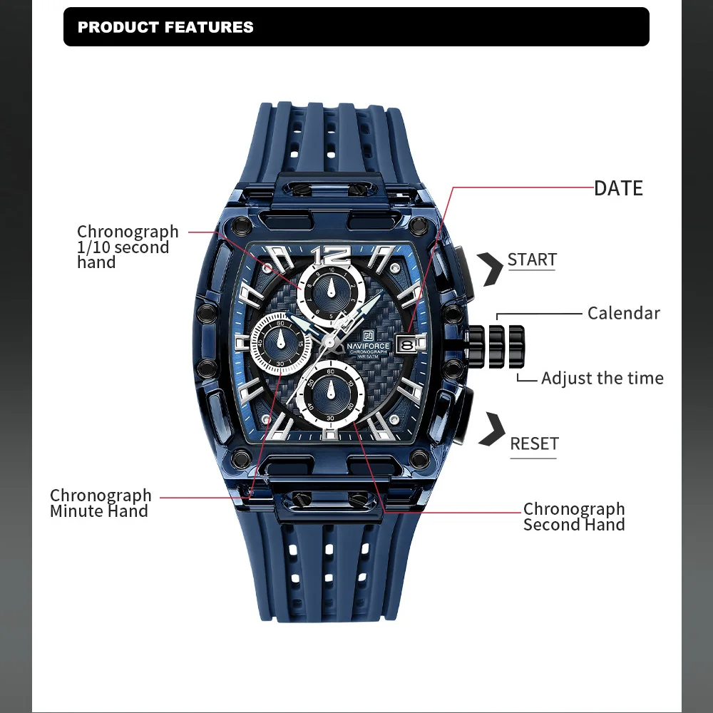 NAVIFORCE Fashion Sports Watches for Man Quartz Chronograph 50M Waterproof Date Display Silicone Band Watch Man Daily Wear Clock