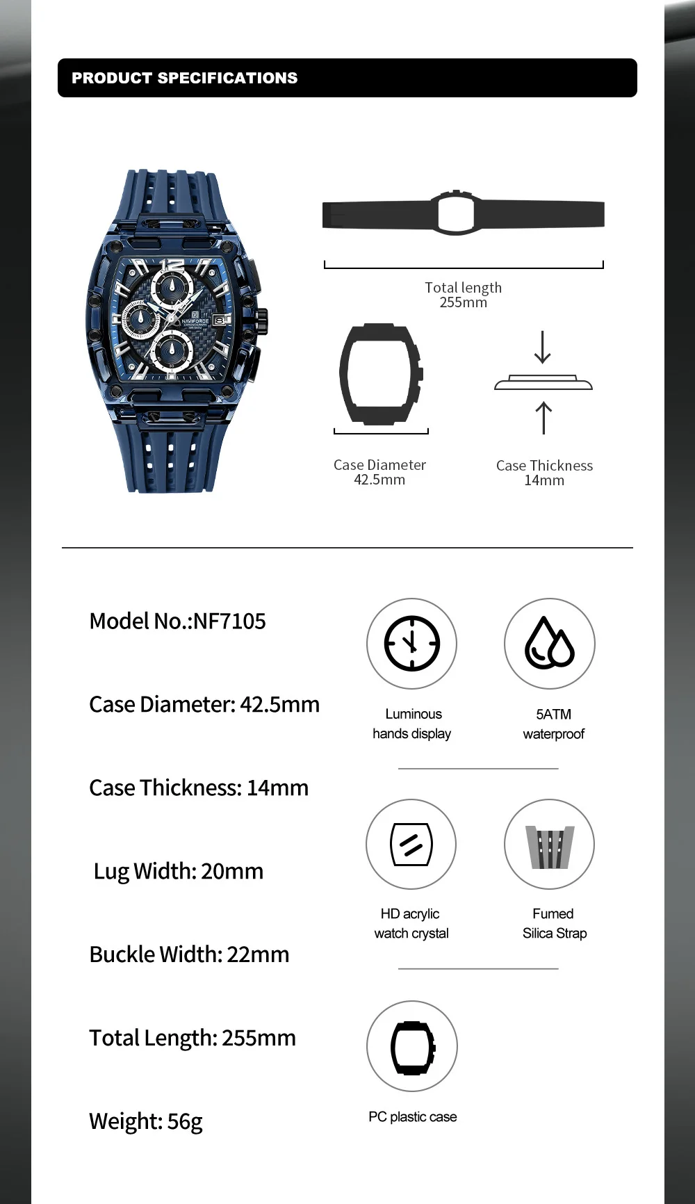 NAVIFORCE Fashion Sports Watches for Man Quartz Chronograph 50M Waterproof Date Display Silicone Band Watch Man Daily Wear Clock