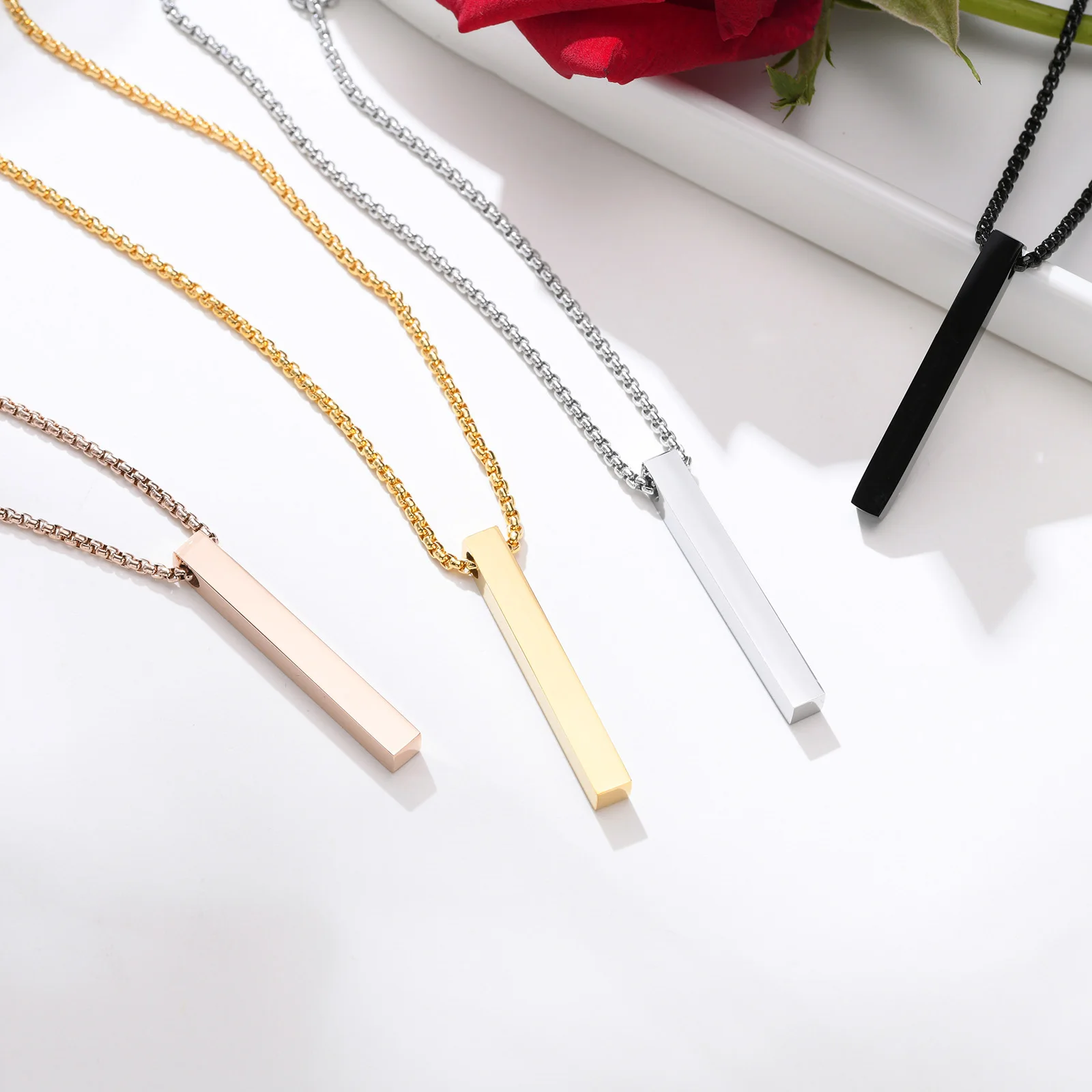 Waterproof Pillar Necklaces for Men Women,Stainless Steel Rectangle Vertical Bar Pendant Necklace,Simple Casual Collar Gifts