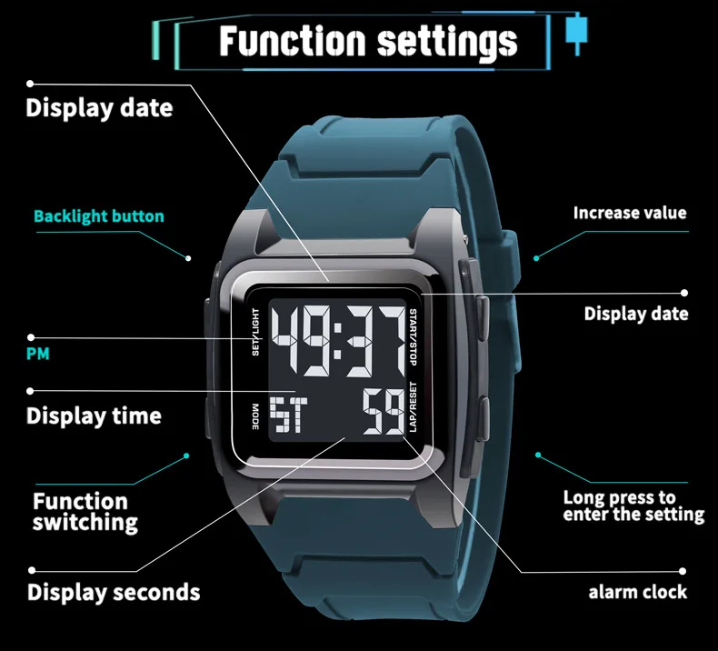 Fashion Men Sports Watch Life Waterproof Sport Watches Stopwatch Alarm Clock Luminous Luxury Electronic Wristwatch for Man Kids