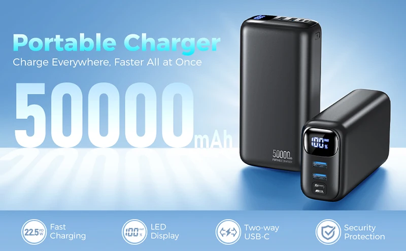 50000mAh Large Capacity Power Bank 22.5W USB C Fast Charger For iPhone 17 Samsung Xiaomi Portable Mobile External Spare Battery