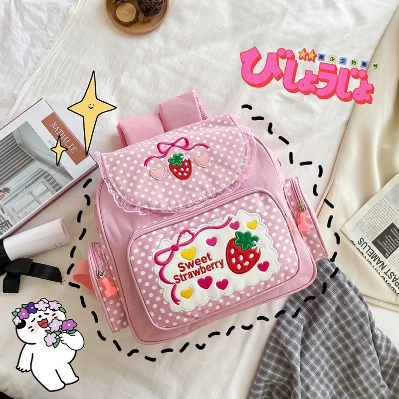 Pink Cute Embroidery Strawberry Girl's Schoolbag Student Birthday Gift 2026 New Japanese Cartoon Pink Fruit Backpack Book Bags