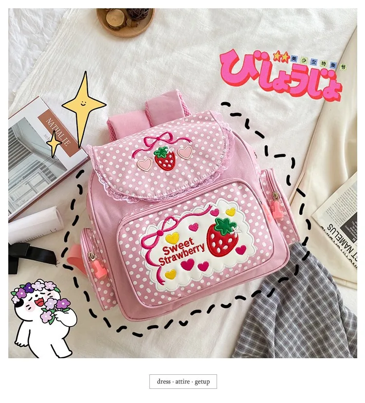 Pink Cute Embroidery Strawberry Girl's Schoolbag Student Birthday Gift 2026 New Japanese Cartoon Pink Fruit Backpack Book Bags