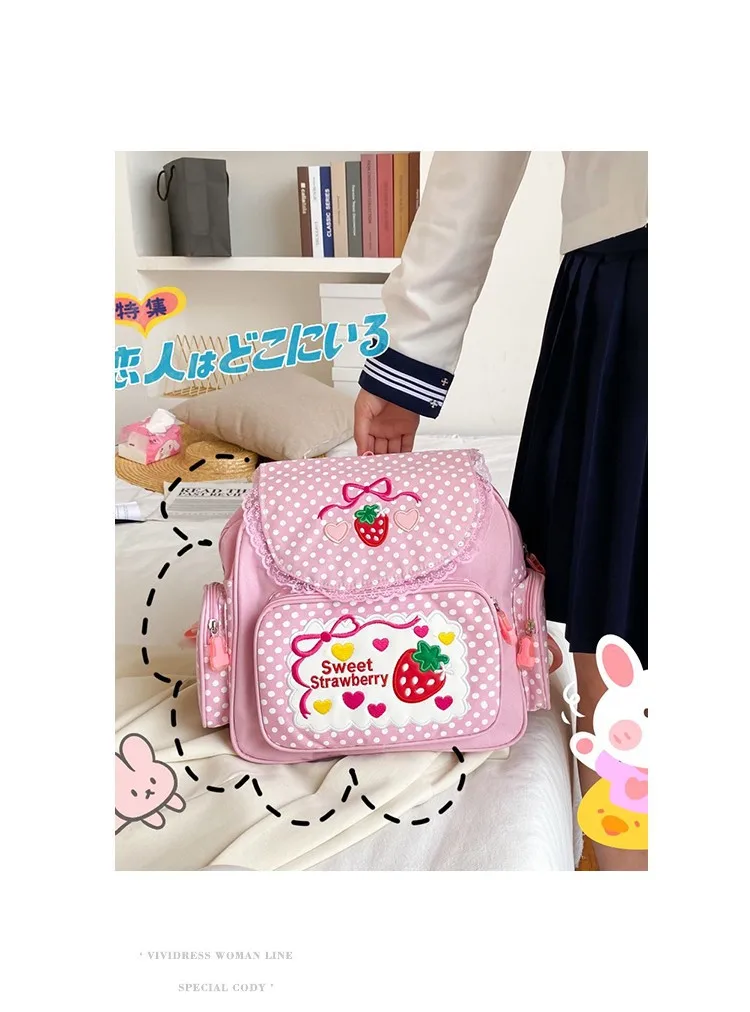 Pink Cute Embroidery Strawberry Girl's Schoolbag Student Birthday Gift 2026 New Japanese Cartoon Pink Fruit Backpack Book Bags