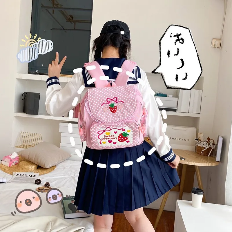 Pink Cute Embroidery Strawberry Girl's Schoolbag Student Birthday Gift 2026 New Japanese Cartoon Pink Fruit Backpack Book Bags