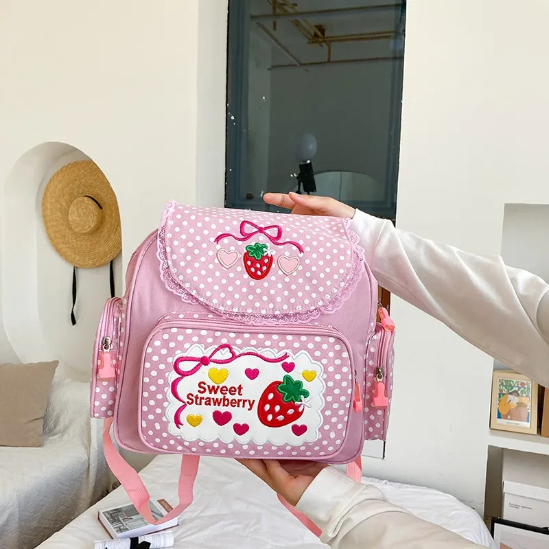 Pink Cute Embroidery Strawberry Girl's Schoolbag Student Birthday Gift 2026 New Japanese Cartoon Pink Fruit Backpack Book Bags