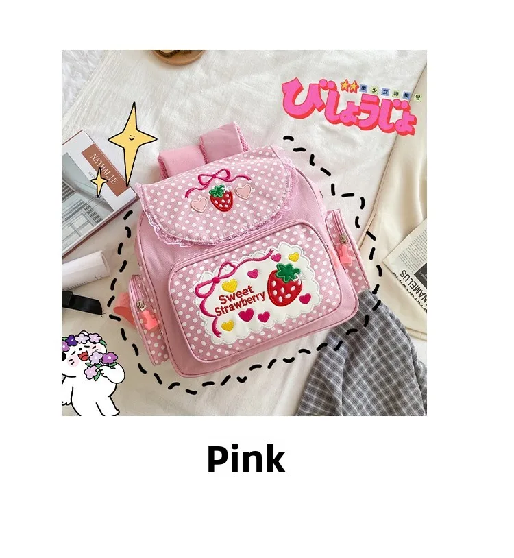 Pink Cute Embroidery Strawberry Girl's Schoolbag Student Birthday Gift 2026 New Japanese Cartoon Pink Fruit Backpack Book Bags