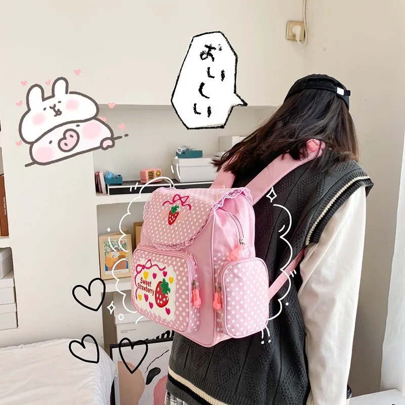 Pink Cute Embroidery Strawberry Girl's Schoolbag Student Birthday Gift 2026 New Japanese Cartoon Pink Fruit Backpack Book Bags