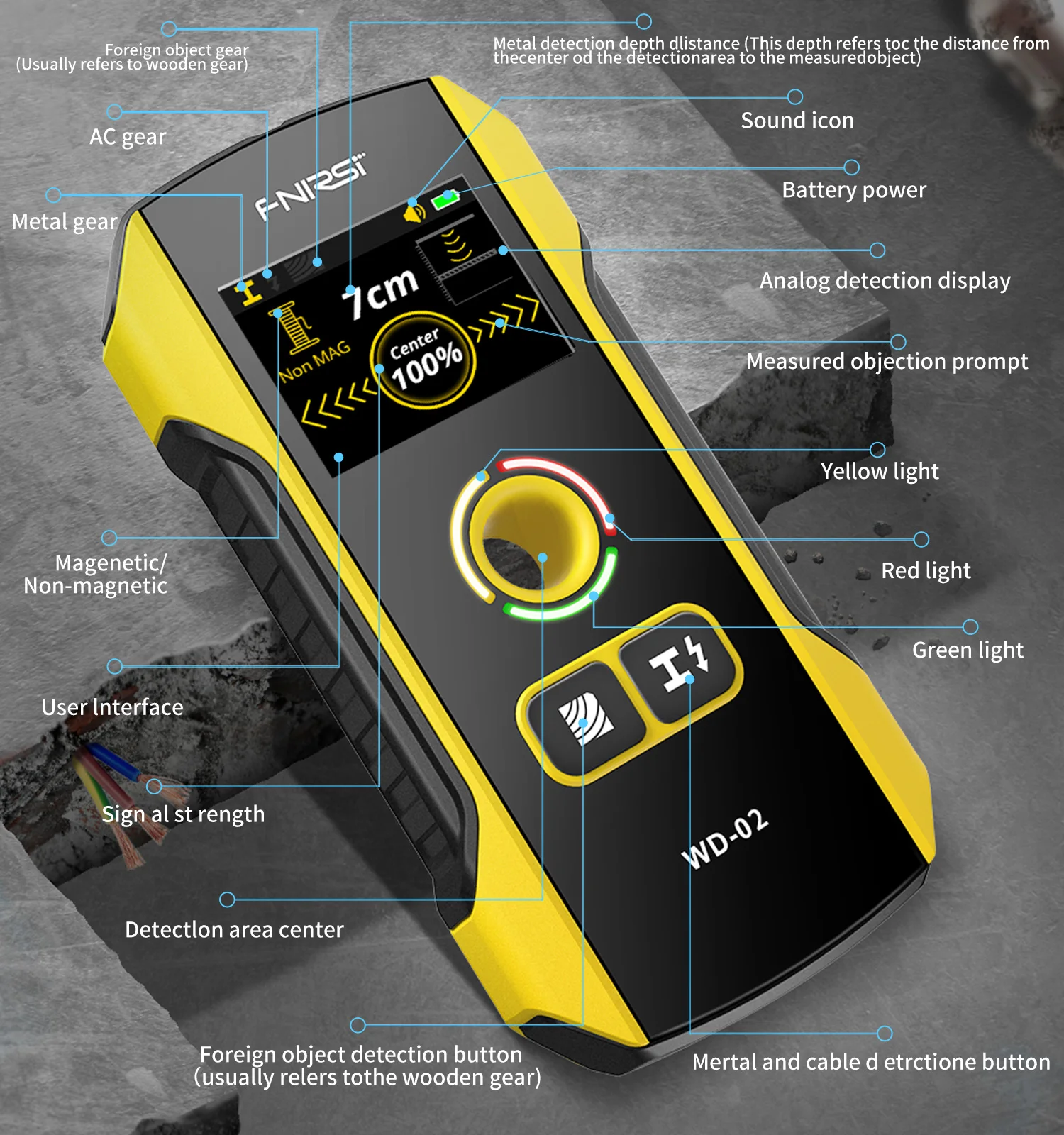 FNIRSI WD-01 WD-02 Metal Detector Wall Scanner with Newly Designed Positioning Hole for AC Live Cable Wires Metal Wood Stud Find