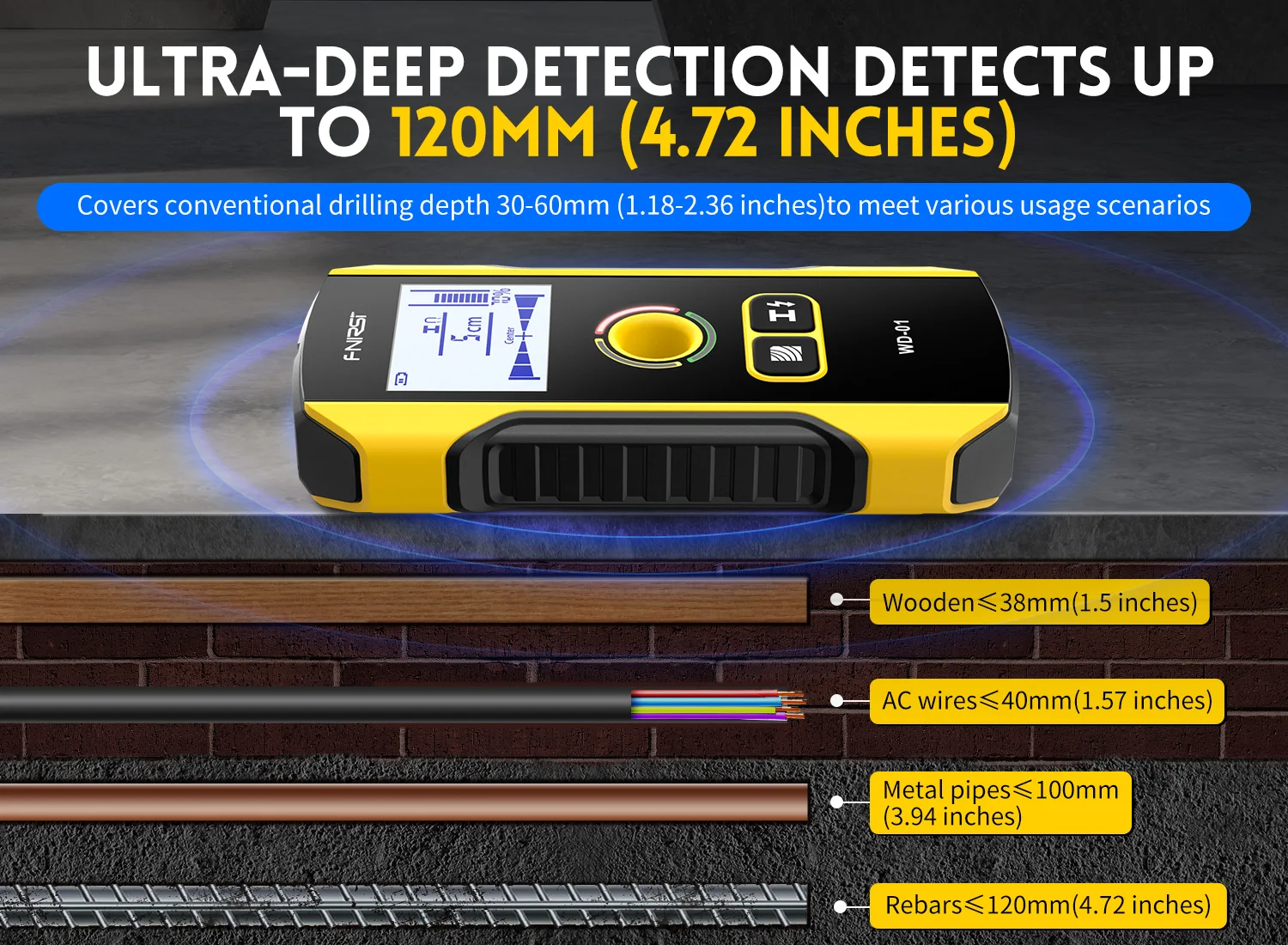 FNIRSI WD-01 WD-02 Metal Detector Wall Scanner with Newly Designed Positioning Hole for AC Live Cable Wires Metal Wood Stud Find