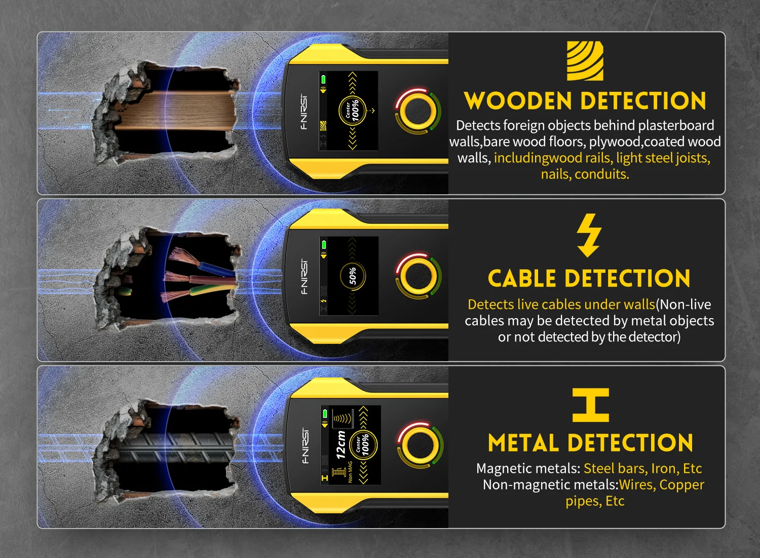 FNIRSI WD-01 WD-02 Metal Detector Wall Scanner with Newly Designed Positioning Hole for AC Live Cable Wires Metal Wood Stud Find