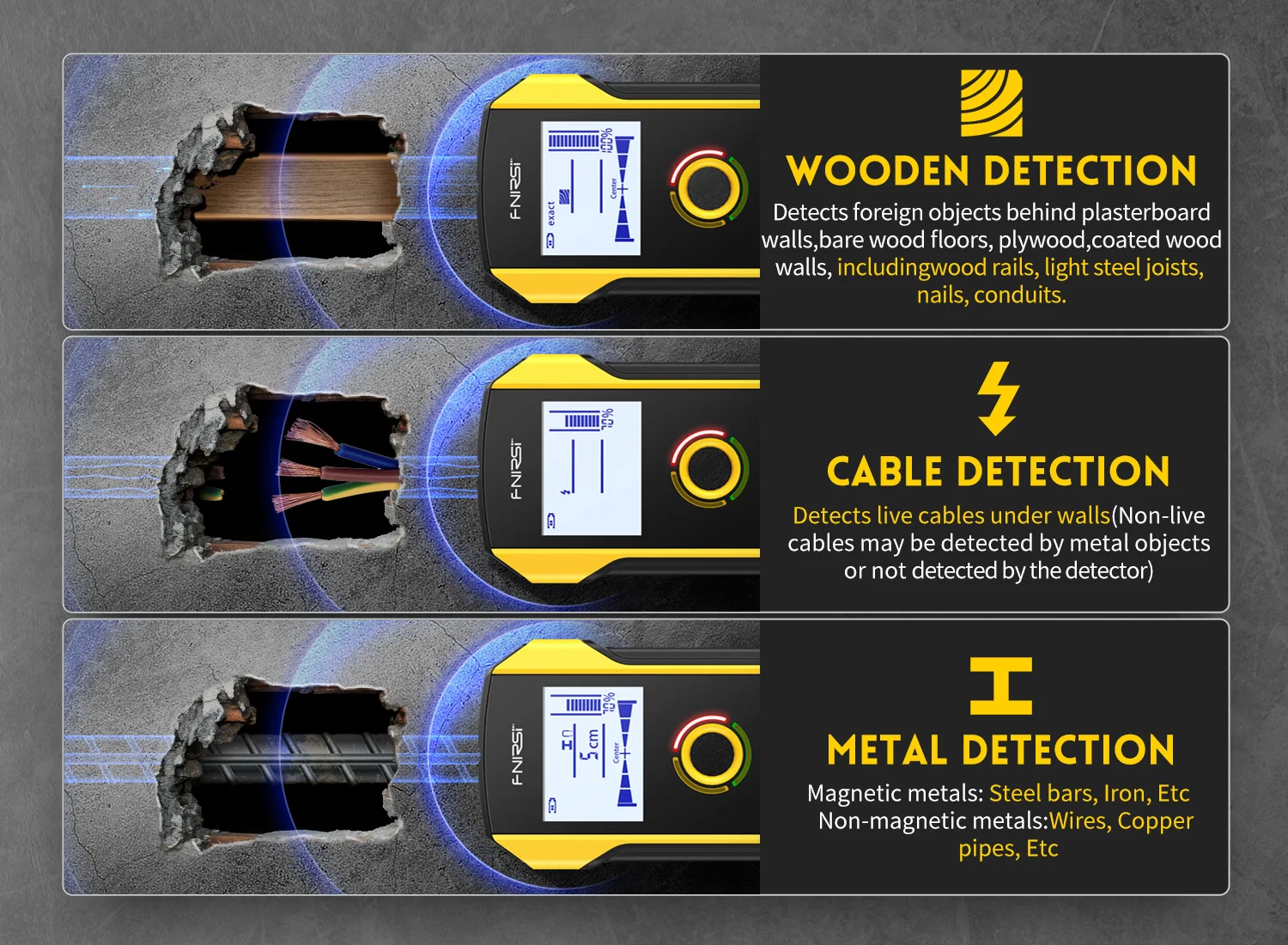 FNIRSI WD-01 WD-02 Metal Detector Wall Scanner with Newly Designed Positioning Hole for AC Live Cable Wires Metal Wood Stud Find