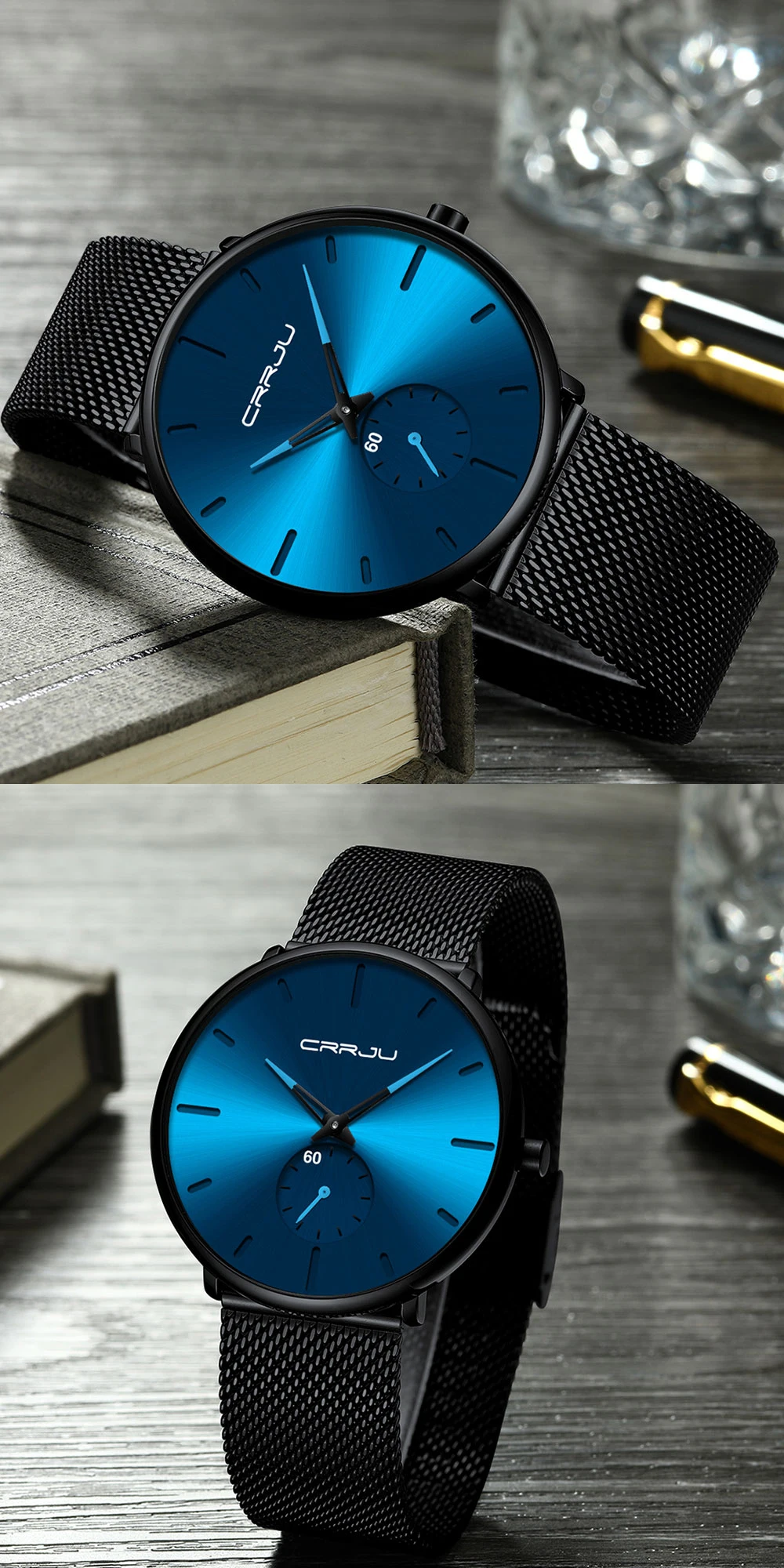 CRRJU Fashion Mens Watches Top Brand Luxury Quartz Watch Men Casual Slim Mesh Steel Waterproof Sport Watch Relogio Masculino