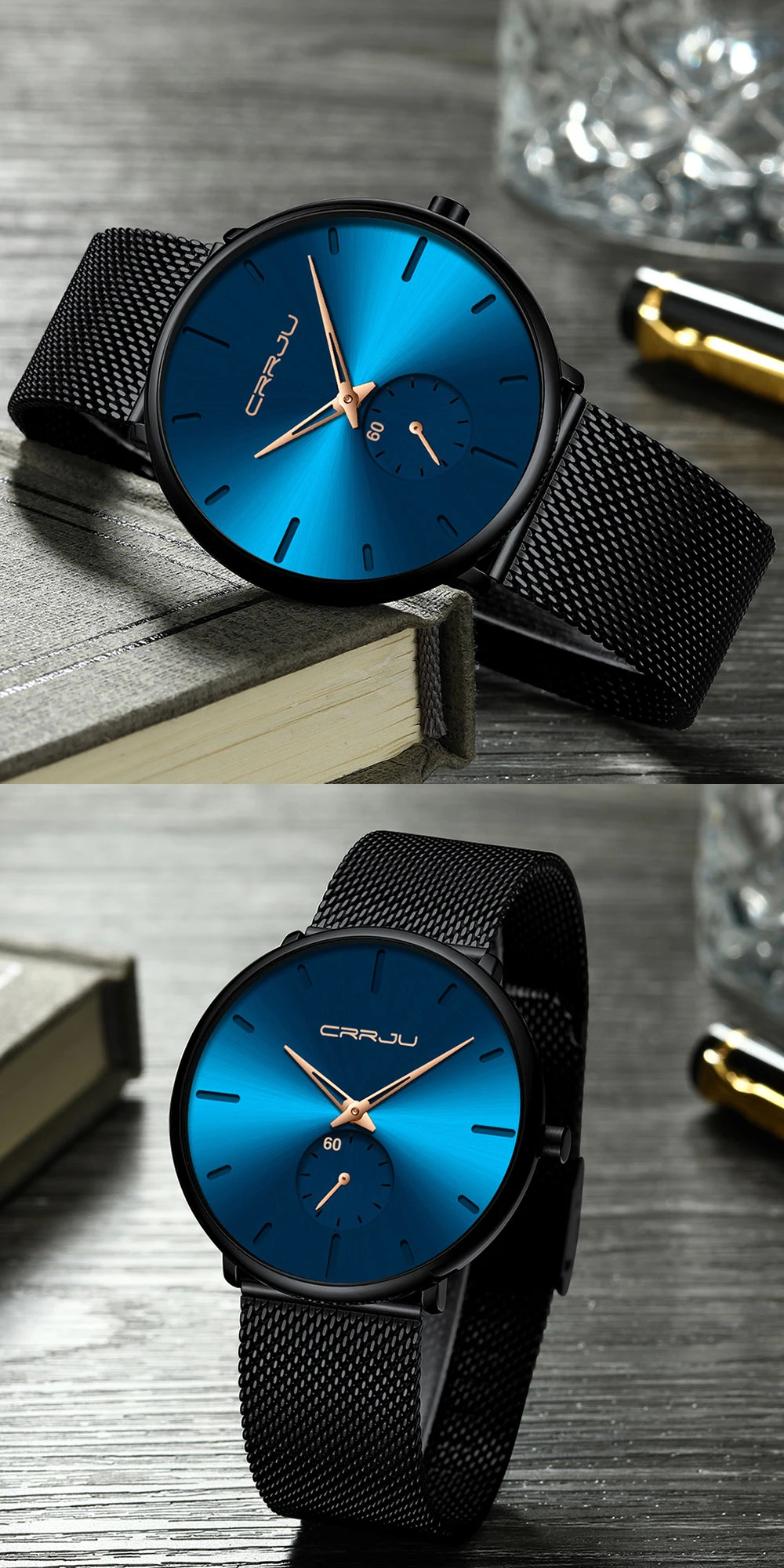 CRRJU Fashion Mens Watches Top Brand Luxury Quartz Watch Men Casual Slim Mesh Steel Waterproof Sport Watch Relogio Masculino